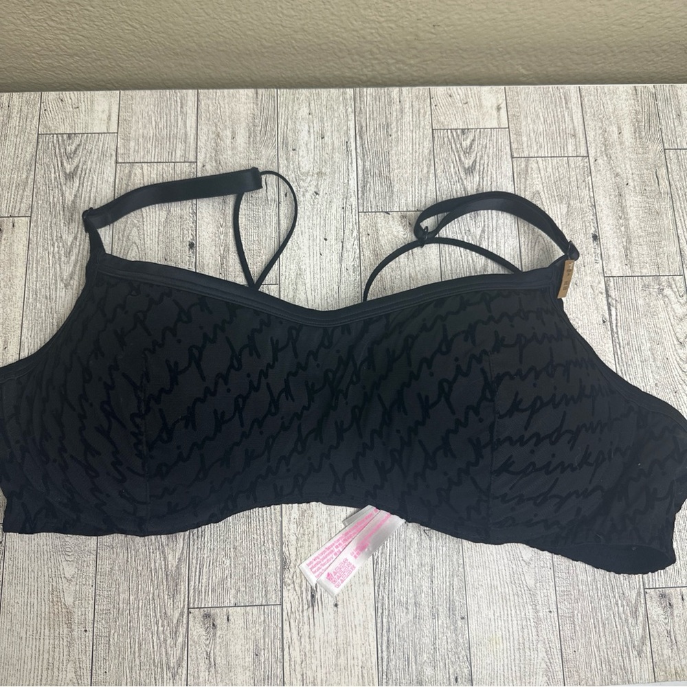 Victoria's Secret PINK Push Up Bra Women's Size XXLBlack Felt Print Strappy Sexy